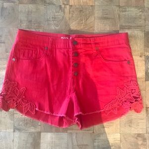 Stretch denim shorts. 2” inseam. Lace detail. Button up. Only worn once.